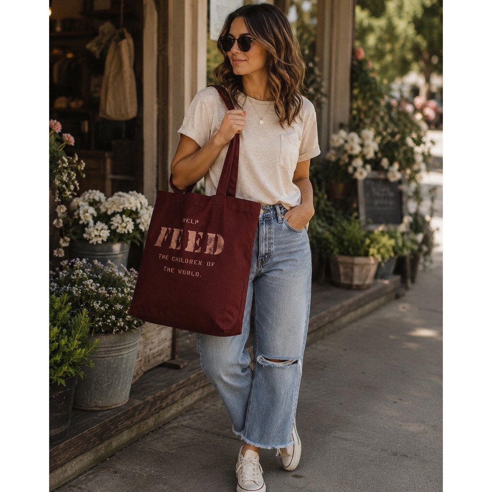 FEED Projects Burgundy Canvas Tote Bag Help Feed The Children Graphic Maroon NEW
